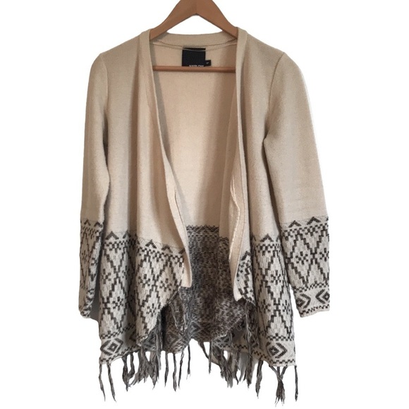 Harlow wool blend Open Front Cardigan with Fringe Black gray Cream Aztec Size S - Picture 1 of 13